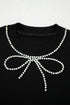 Black Pearl Bow Necklace Embellished Short Sleeve Knitted T Shirt